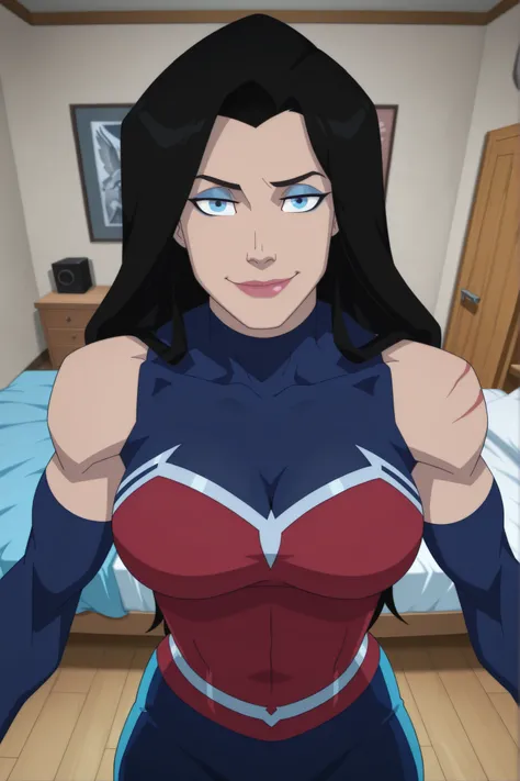 BREAK, score_6_up, score_7_up, score_8_up, score_9, 1girl, solo, long hair, blue eyes, black hair, bare shoulders, blue eyes, muscular female, midriff, bare shoulders, lipstick, makeup, wwBl00d, large breasts, busty, cleavage, curvy, athletic, looking at v...