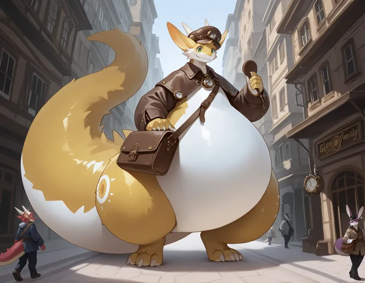 full body, furry, dragon, wide bottom, heavy bottom, wided legs, long digitigrade leg, giant pearshape body, no nipple,detailed face,4k ultfigurelity, (4k half body view:1.0),ultra high detailed body,feral dragon,(cute face:1.3),yellow fur,green eyes,white...