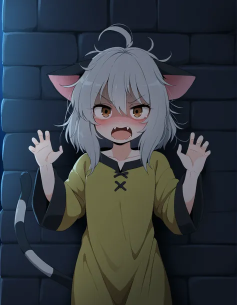 pearlyals,, 1girl, petite, (skinny and frail:0.7), cat girl, against wall, stone wall, brown eyes,looking at viewer, grey hair, medium hair, messy hair, angry, (scared:0.4), (open mouth:0.5), fangs, hands up, (tearing up:0.5), tail raised, torn clothes, st...