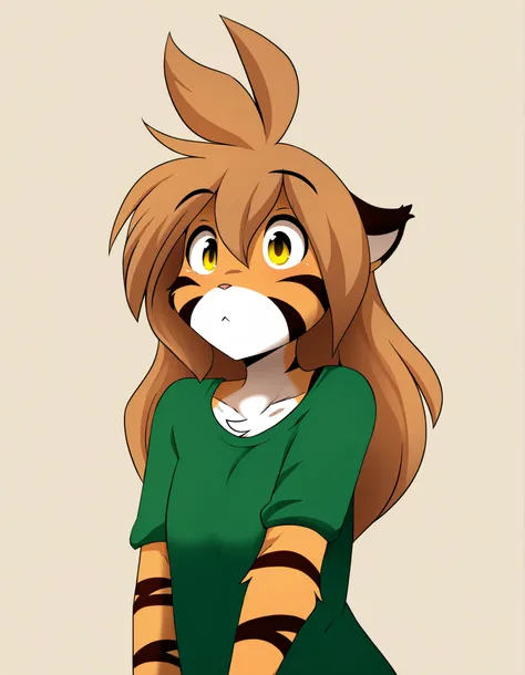 pearlyals,, furry, solo, flora-twokinds, flora_twokinds,, tiger, striped fur, keidran, yellow eyes, anthro, simple background,,, green shirt