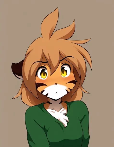 pearlyals,, furry, solo, flora-twokinds, flora_twokinds,, tiger, striped fur, keidran, yellow eyes, anthro, simple background,,, green shirt