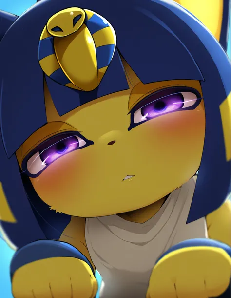 pearlyals,, depth of field, 1girl, furry, ankha \(animal crossing\), expressionless, eye reflection, yellow background, yellow theme, blue background, desert,, purple eyes, glowing eyes, wide-eyed, paw pose, looking at viewer, close-up, parted lips,