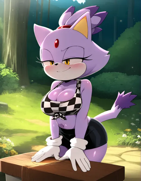 pearlyals,, solo, 1girl, blaze the cat, furry, shiny skin, short stack, (wide hips:0.8), white gloves, cleavage, black miniskirt, midriff, red checkered knotted top, tied shirt, BREAK smile, smug, BREAK night, forest background, (mountains:1.1), flower, wo...