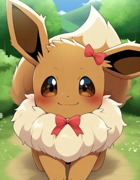 pearlyals,, pokekid, eevee, fluffy girl, furry girl, female, smile, smiling, has a big pretty bow in her hair, has animal paws for hands, 1girl, best quality, outdoors, high definition, cute,
