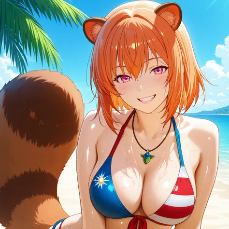 Honami Ichinose from Classroom of the elite has orange hair, raccoon ears, a fluffy tail, pink eyes, an innocent smile, and painted lips. She has a slender figure and a prominent bust. She wears a bikini with the Russian flag printed in red, white, and blu...