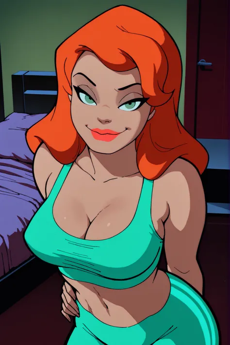 BREAK, score_6_up, score_7_up, score_8_up, score_9, Pamela Isley, 1girl, solo, orange hair, green eyes, lipstick, makeup, large breasts, cleavage, curvy, athletic, busty, masterpiece, best quality, newest, absurdres, ultra highres, amazing quality, very ae...