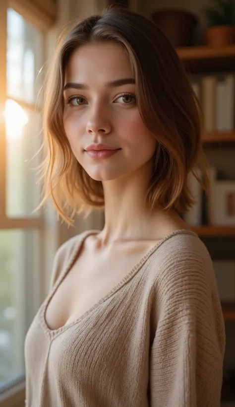portrait of a beautiful young woman from bust up, standing indoors in a cozy warm home, soft ambient light coming from a nearby window, detailed hair strands slightly fluffy and natural, realistic skin texture, expressive captivating eyes, soft lips, subtl...