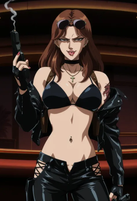 1girl,solo,mm,mature female,brown hair,long hair,lipstick,retro artstyle,anime coloring,
 parted lips, looking at viewer, , nail polish , , makeup , ear piercing , long hair , lipstick , Hot girl , baddie , smoking , sensual , attractive , choker ,cross ne...