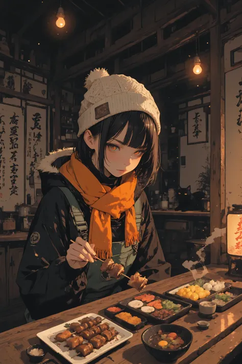clean lines,flat color, 傑作、最高品質、アニメスタイル, A woman, with light skin, dark eyes, and dark hair, is seated at a wooden counter in what appears to be a cozy, Japanese old folk house style Izakaya, Japanese Oden shop, cozy atmosphere, warm steam, She is wearing ...