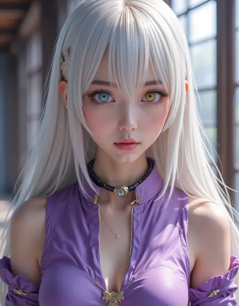 full-body portrait (hyperrealistic) by Elizabeth Liones Nanatsu no Taizai,white hair,ultra-detailed eyes with ((heterochromia)) yellow gold and blue,emphasized bust,su atuendo es una camisa sin mangas ajustada de color morado dark con botones en color blan...