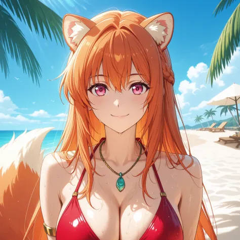 Honami Ichinose from Classroom of the Elite, reimagined with orange hair, soft raccoon ears, and a fluffy tail. Her pink eyes and sweet smile give her an innocent and friendly charm. She has a slender figure and a generous bust. She wears a stylish red  bi...