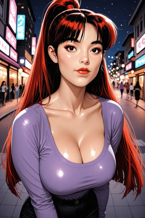 (perfect face), red hair, very long ponytail hair, hime cut hair, black normal eyebrows, black eyes, nose, lips, thick lips, dark red lips, ((female asian, face asian)), beauty face, collarbone, cleavage, (large breasts, big breasts), purple t-shirt long s...