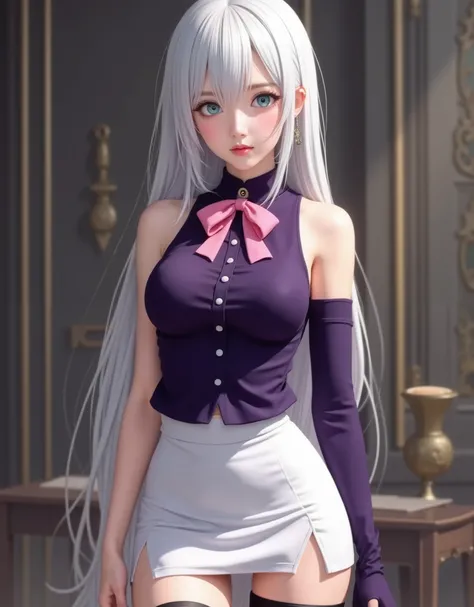 full-body portrait (hyperrealistic) by Elizabeth Liones Nanatsu no Taizai,(white hair),ultra-detailed eyes with ((heterochromia)) yellow gold and blue,emphasized bust,her outfit is a tight sleeveless dark purple shirt with its back exposed with white butto...