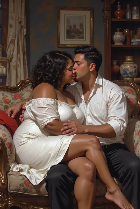 1 fat big large overweight heavy feminine beautiful young woman with dark brown tan tanned skin color and 1 masculine taller adult man with pale white skin, (((woman has medium black curly hair))), (((black hair))), (((woman with brown skin))), (((brown-sk...