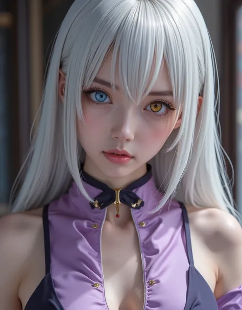 full-body portrait (hyperrealistic) by Elizabeth Liones Nanatsu no Taizai,white hair,ultra-detailed eyes with ((heterochromia)) yellow gold and blue,emphasized bust,su atuendo es una camisa sin mangas ajustada de color morado dark con botones en color blan...