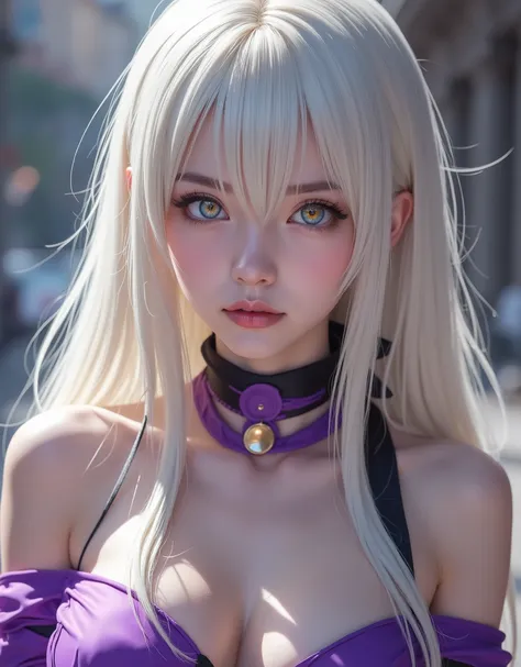 full-body portrait (hyperrealistic) by Elizabeth Liones Nanatsu no Taizai,white hair,ultra-detailed eyes with ((heterochromia)) yellow gold and blue,emphasized bust,su atuendo es una camisa sin mangas ajustada de color morado dark con botones en color blan...