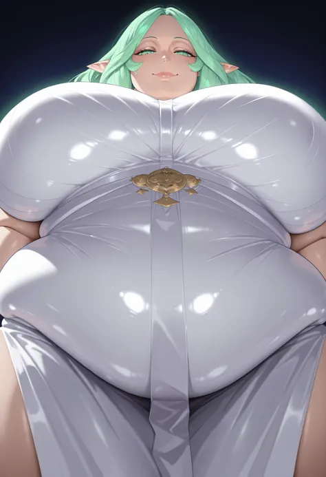 obese,fat,plump,WeightObese,masterpiece, best quality, 1girl, solo, altrh3a, green hair, long hair, green eyes, (huge breasts:2), bare shoulders, bare arms, seductive smile, pointy ears, dark, lipgloss , femdom, from below, looking down at viewer