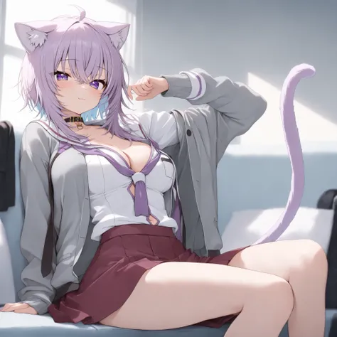 ((best quality)), ((masterpiece)), (detailed), 1girl, open sweater, okayu_school uniform, okayu_red skirt, cat tail