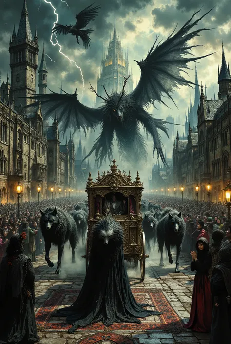 A sweeping panoramic shot of a Gothic Monster Parade, van Helsing aesthetic. A grand carriage made of dark, twisted wood and wrought iron, pulled by massive, shadowy dire wolves, rolls through a vast Gothic courtyard. Winged vampiric creatures soar around ...