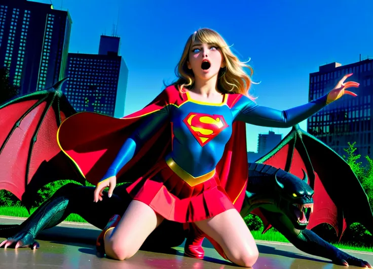 Melissa Benoist as Supergirl, wearing Supergirl costume, red short skirt, long boots, she is defeated from fighting with a huge body devil, screaming in pain, she is kneeling and sexual assault by the devil, the devil is harassing her and rape her hardly, ...