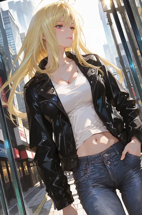 (masterpiece:1.5, ultra-detailed, in the style of Oh! Great, sharp and bold line art, expressive inking, semi-realistic anatomy, dynamic dutch angle composition, blonde-haired girl with long hair,wearing black leather jacket, white T-shirt, and slim denim ...