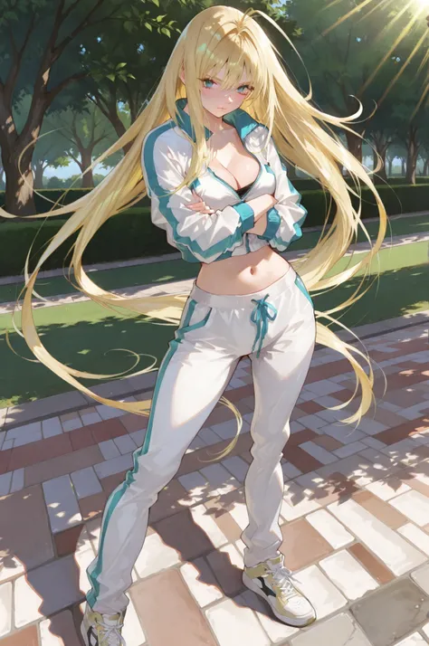 (masterpiece:1.5, ultra-detailed, in the style of Oh! Great, stylish manga illustration, semi-realistic anatomy, sharp and bold line art, cinematic low-angle perspective, blonde girl with long flowing hair, wearing sporty cropped jacket, track pants, and s...