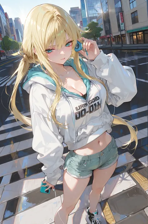 (masterpiece:1.5, ultra-detailed, in the style of Oh! Great, dynamic perspective, sharp and bold line art, blonde-haired girl with long hair tied loosely, wearing oversized hoodie, shorts, and sneakers, standing on a city crosswalk, wind blowing her hair a...