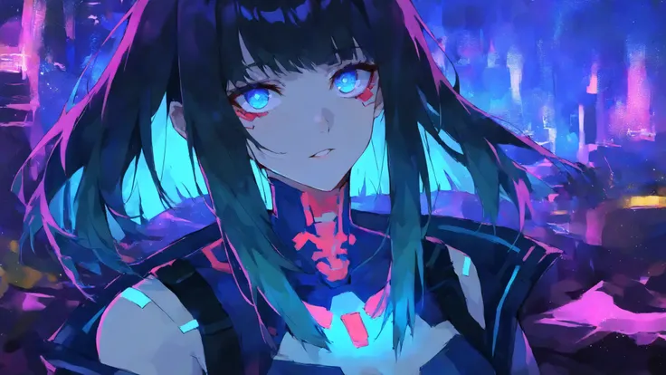 a stunning cyberpunk woman, upper body portrait, standing in a glowing digital city of holograms and neon lights, purple and blue color scheme, long black hair with shimmering highlights, reflective eyes like data streams, wearing a futuristic bodysuit wit...