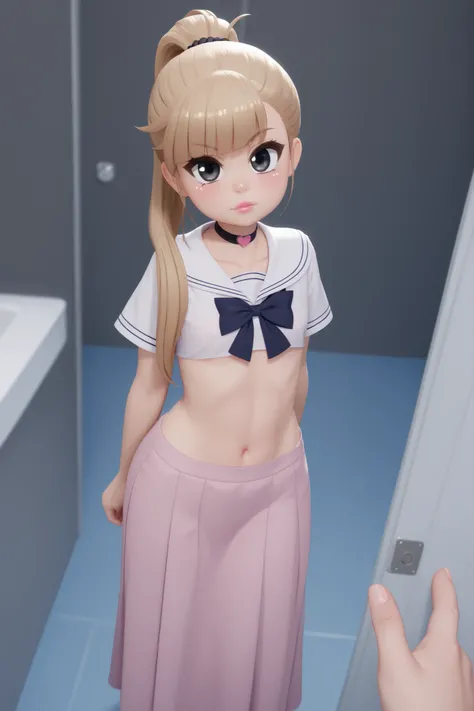 Luan Loud. small breasts, medium hips, slender body, light brown hair ponytail, hair tie, long hair, black eyes. pink lips, choker . | Luan Loud. small breasts, medium hips, slender body, light brown hair ponytail, hair tie, long hair, black eyes. pink l...