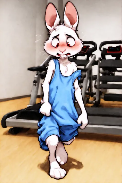 solo, 1boy, no humans, furry male, rabbit, pink nose, white fur, red eyes, whiskers, buck teeth, short, skinny, AgeRegression, Oversized Clothes, (shrinking:1.1), masterpiece, absurdres, amazing quality, ultra detailed, full body, walking, waddling, leg up...