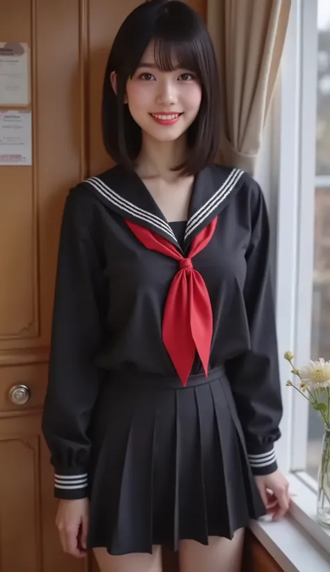 With a separate composition、全身photograph、Away、全身photograph、Blackセーラー制服、Japanese high school girl uniform、Blackセーラー服、hyperrealistic、Yan、リアルなYan、Realistic、from the tip of my head、down to the toes、full shotで、beautiful若い女性の全身描写、(Highest Quality、4K、high image q...