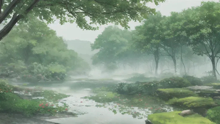 green landscape outside a with of rain、Tree emitting drops of water、Humid air feeling 、realistic texture、4k high definition、Ultra-detailed digital representation、 color Natural 、soft focus、delicate , rural village