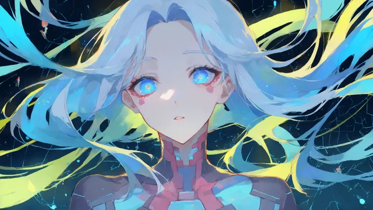 a mysterious and beautiful cyberpunk woman, upper body portrait, surrounded by glowing blue circuits and digital holograms, translucent fragments of code floating around her, silver hair flowing with light, eyes glowing softly like data streams, wearing a ...