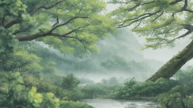 green landscape outside a with of rain、Tree emitting drops of water、Humid air feeling 、realistic texture、4k high definition、Ultra-detailed digital representation、 color Natural 、soft focus、delicate , rural village