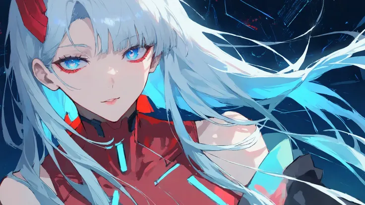 a mysterious and beautiful cyberpunk woman, upper body portrait, surrounded by glowing blue circuits and digital holograms, translucent fragments of code floating around her, silver hair flowing with light, eyes glowing softly like data streams, wearing a ...