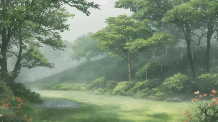 green landscape outside a with of rain、Tree emitting drops of water、Humid air feeling 、realistic texture、4k high definition、Ultra-detailed digital representation、 color Natural 、soft focus、delicate , rural village
