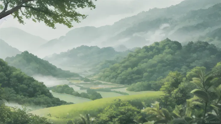 green landscape outside a with of rain、Tree emitting drops of water、Humid air feeling 、realistic texture、4k high definition、Ultra-detailed digital representation、 color Natural 、soft focus、delicate , rural village , Landscape