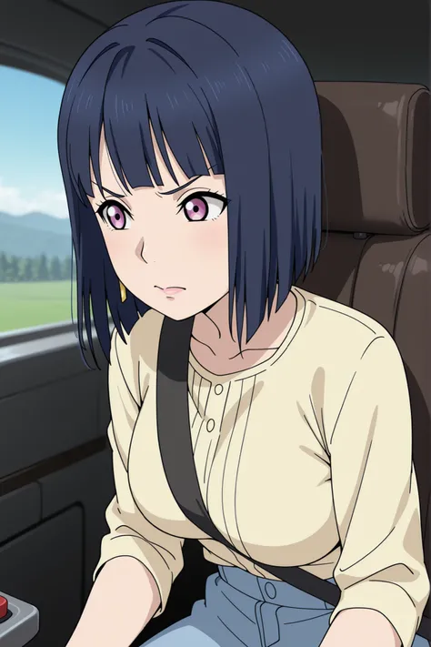 Hinata Hyuuga, medium hair, dark blue hair, square, Large breasts, skinny body, earrings, pink lips , lavender eyes, | 1girl,  love live! casual wear,skirt, serious,v-shaped eyebrows,scream, gundamwingcockpit,joystick,seatbelt,sitting, masterpiece, best qu...