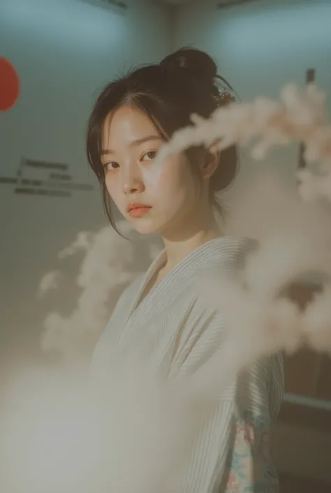 portraits have、against a bold red circular background with 3 black horizontal lines crossing a circle、— 4K ultra-high definition depiction. the woman wears a gray and white striped kimono, including traditional Japanese hair ornaments. The subject is frame...