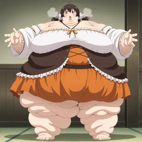 source_anime,  suzu taniguchi, brown hair, black hair, twintails, brown eyes, ahoge, anime screencap, bare shoulders, collarbone, frills, detached sleeves, orange skirt, fat, chubby, obese, fat neck, multiple chins, big breasts open mouth, out of breath, L...