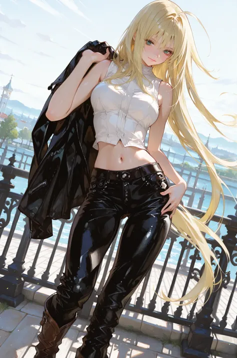 (masterpiece:1.5, ultra-detailed, in the style of Oh! Great, semi-realistic anatomy, sharp and bold line art, blonde-haired girl with long flowing hair, wearing sleeveless top, leather pants, and boots, standing with one leg slightly bent, one hand on wais...