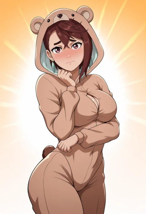 momo ayase, posing embarrassed , red face , short hair, brown hair, brown eyes, bangs, thick eyebrows, large breasts,, shy expression, blushing cheeks, detailed shading, soft shadows,, anime style, high detail, clean background. ,, alone, earrings, nose bl...