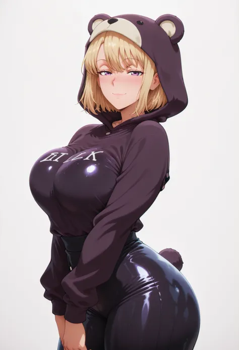 masterpiece, best quality, amazing quality, 1girl, solo, looking at viewer, blushing,, mature girl,side view, light smile, seductive, short hair, blonde hair, purple eyes, , ,bubble breasts, seductive twist, exaggerated voluptuous figure with impossibly la...