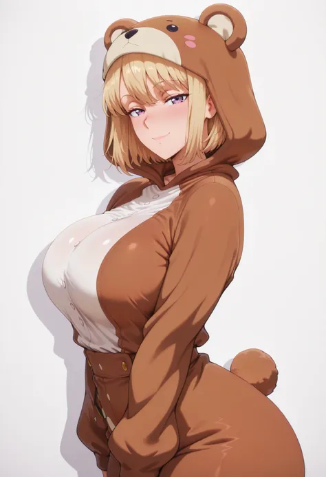 masterpiece, best quality, amazing quality, 1girl, solo, looking at viewer, blushing,, mature girl,side view, light smile, seductive, short hair, blonde hair, purple eyes, , ,bubble breasts, seductive twist, exaggerated voluptuous figure with impossibly la...