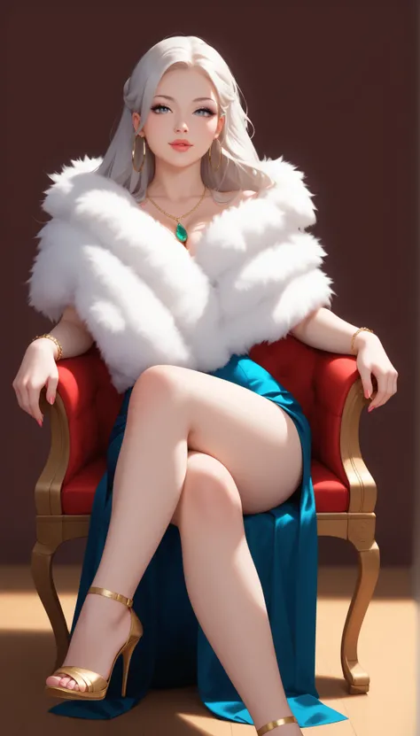 Create a stunning and ultra-detailed portrait of a young very thin woman wth very long lengs spreaded, sitting in the chair, with long, flowing white hair and captivating grey eyes with green shades. She wears white fur shawl made of fur. Her legs both sta...