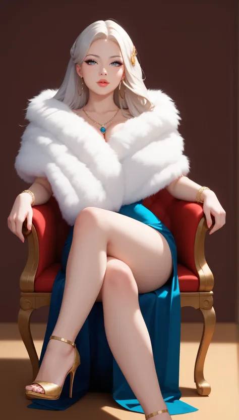 Create a stunning and ultra-detailed portrait of a young very thin woman wth very long lengs spreaded, sitting in the chair, with long, flowing white hair and captivating grey eyes with green shades. She wears white fur shawl made of fur. Her legs both sta...
