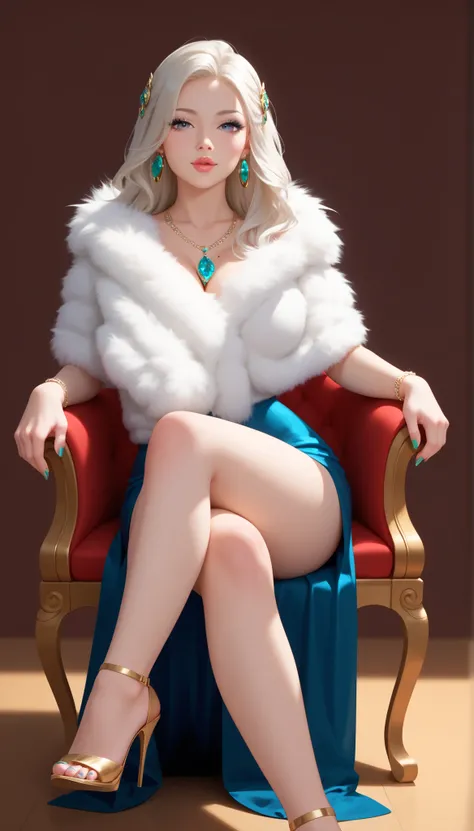 Create a stunning and ultra-detailed portrait of a young very thin woman wth very long lengs spreaded, sitting in the chair, with long, flowing white hair and captivating grey eyes with green shades. She wears white fur shawl made of fur. Her legs both sta...