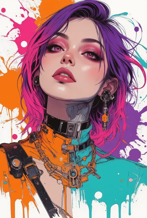 a flat vector style illustration of beautiful android woman with semi-realistic purple and magenta hair, flat color, The background is a white surface with different color (orange, turquoise, pink and purple) paint splashes on, cyberpunk aesthetic, bold li...