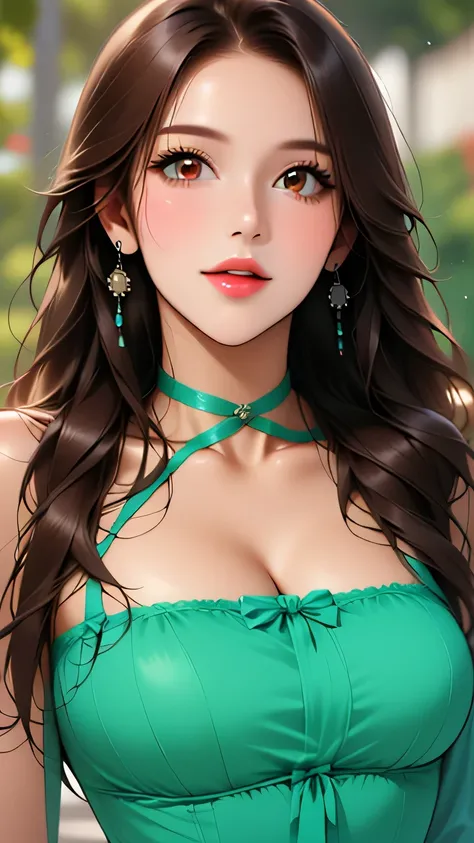 1girl, solo, long_hair, brown_hair, breasts, cleavage, looking_at_viewer, criss-cross_halter, dress, realistic, jewelry, earrings, halterneck, medium_breasts, lips, upper_body, bare_shoulders, blurry, blurry_background