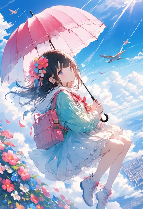 Parachute Day、Vast sky and colorful umbrella flowers、free fall と優雅な着陸の間のサスペンスの瞬間、umbrella that also flies around、free fall 、Fly through the sky using a